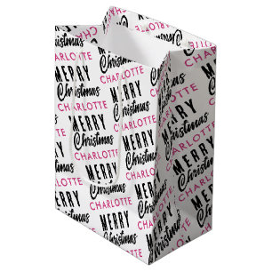 Merry Christmas Custom Name Pink Trendy Medium Cadeauzakje