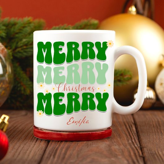 Merry Christmas Custom Name Retro Groovy Groen Mok