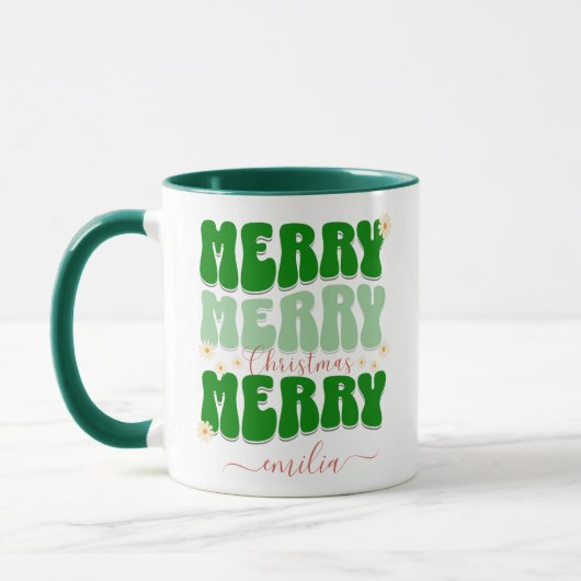 Merry Christmas Custom Name Retro Groovy Groen Mok (Links)