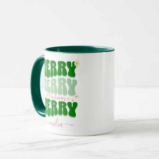 Merry Christmas Custom Name Retro Groovy Groen Mok (Voorkant links)
