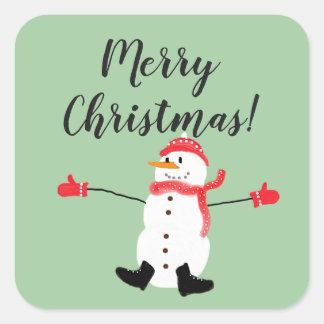 Merry Christmas Cute Snowman on Sage Green Vierkante Sticker