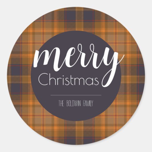 Merry Christmas Dark Plaid Ronde Sticker (Voorkant)