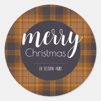 Merry Christmas Dark Plaid Ronde Sticker