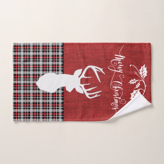 Merry Christmas Deer - Red Plaid et Burlap (Serviette à main)
