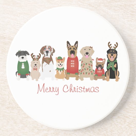 Merry Christmas Dogs Red Green Zandsteen Onderzetter (Voorkant)