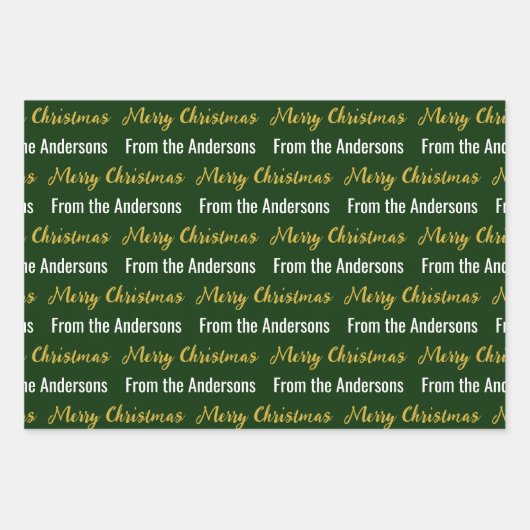 Merry Christmas Donkergroen Wit Goud Script Naam Inpakpapier Vel (Voorkant)