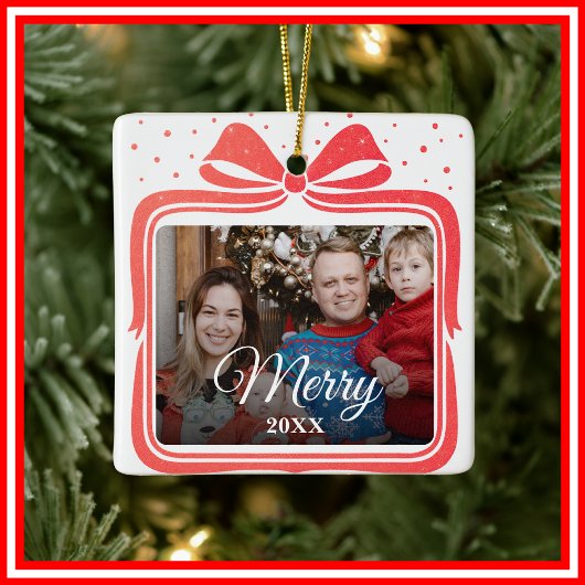 Merry Christmas Elegant Bow Present Photo Collage Keramisch Ornament