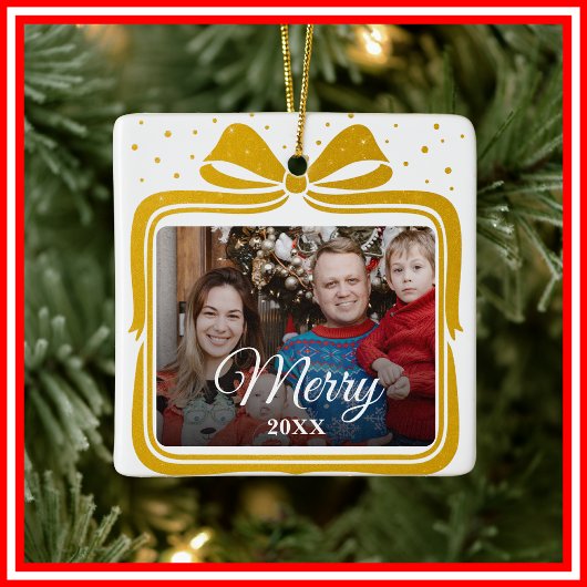 Merry Christmas Elegant Bow Present Photo Collage Keramisch Ornament