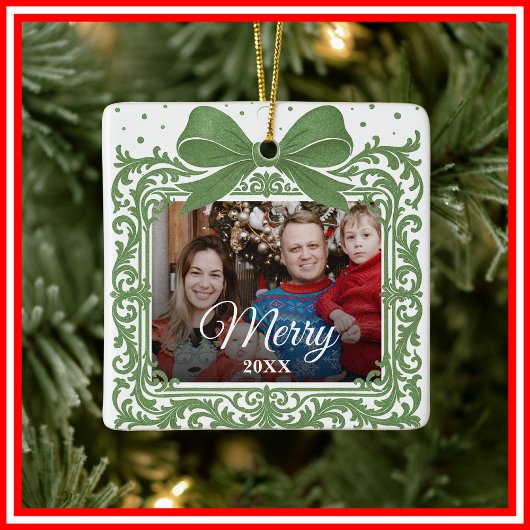  Merry Christmas Elegant Bow Present Photo Collage Keramisch Ornament