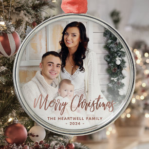 Merry Christmas Family Photo Roos Gold Script Metalen Ornament