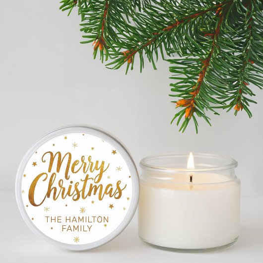 Merry Christmas Faux Gold Casual Script Snowflake Ronde Sticker