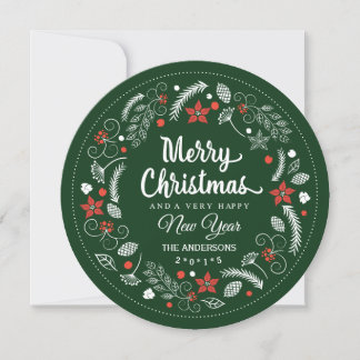 MERRY CHRISTMAS FLORAL WREATH HOLIDAY ROUND PHOTO FEESTDAGENKAART