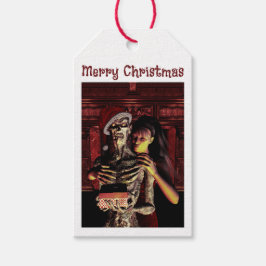 Merry Christmas. Funny skeleton with woman Cadeaulabel