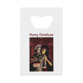 Merry Christmas. Funny skeleton with woman Kredietkaart Flessenopener