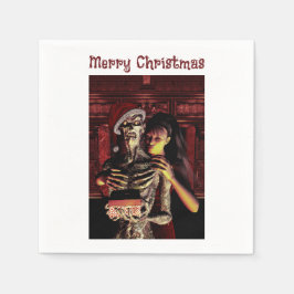 Merry Christmas. Funny skeleton with woman Servet