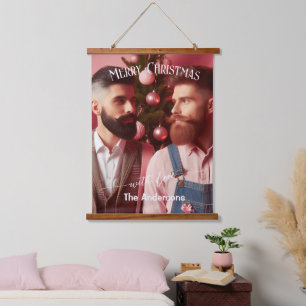Merry Christmas Gay Retro Roze   Aangepaste foto Hangend Wandkleed
