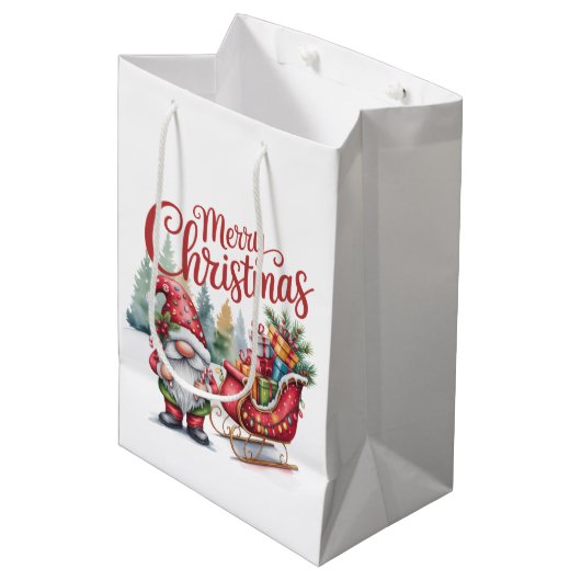 Merry Christmas Gnome Gift Bag Medium Cadeauzakje (Voorkant Gekanteld)