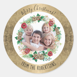 Merry Christmas Gold Foil Waterverf krans foto Ronde Sticker