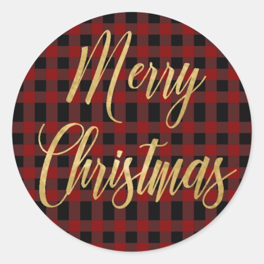 Merry Christmas Gold Rood Zwart Plaid Tartan Ronde Sticker (Voorkant)