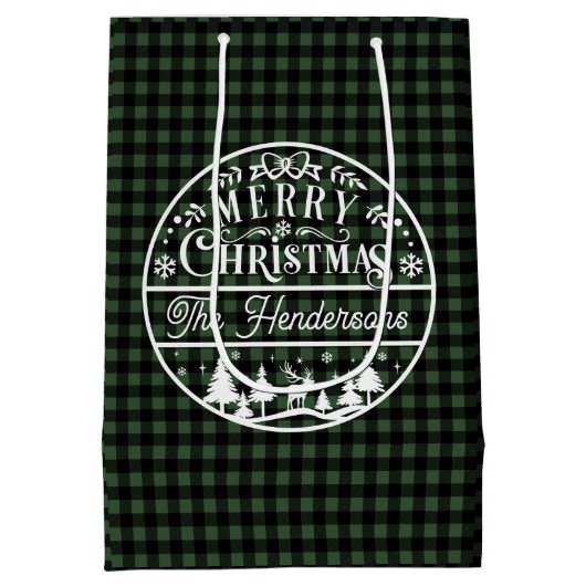 Merry Christmas Green & Black Plaid Aangepaste naa Medium Cadeauzakje (Achterkant)