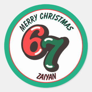 Merry Christmas Green Numbers 6 & 7 Custom Name Ronde Sticker