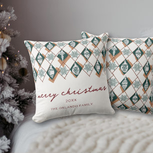 Merry Christmas Green Script Naam Ornamenten Snow Kussen