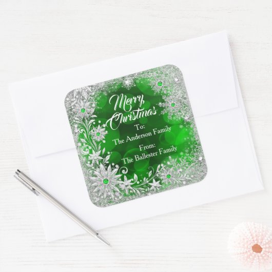Merry Christmas Green White snowflakes green gems Vierkante Sticker (Envelop)