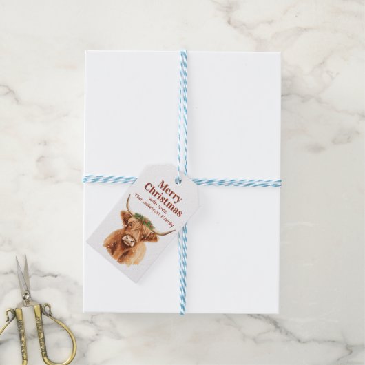 Merry Christmas Greenery Highland Miniature Cow Cadeaulabel (Met Touw)