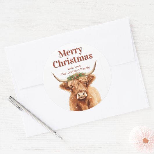 Merry Christmas Greenery Highland Miniature Cow Ronde Sticker (Envelop)