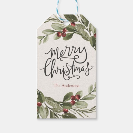 Merry Christmas Greenery Wreath Holiday Label Cadeaulabel (Voorkant)