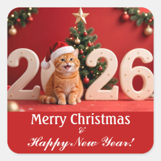 Merry Christmas & Happy New Year, Red Santa Cat Vierkante Sticker