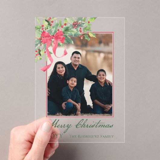 Merry Christmas Holly and Berry Greenery Photo Acryl Uitnodigingen (Insitu (Draagbaar))