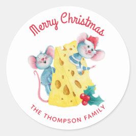 Merry Christmas Holly Cheese Mice gepersonaliseerd Ronde Sticker