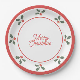 Merry Christmas Holly Plate Red and White Papieren Bordje