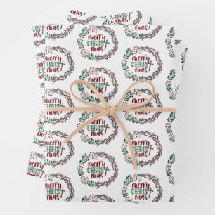 MERRY CHRISTMAS Holly & Thorns Christelijk Wreath Inpakpapier Vel