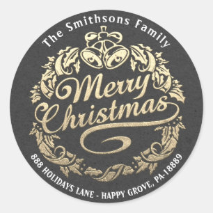 Merry Christmas Holly Wreath RSVP Grijs Goud Kraft Ronde Sticker