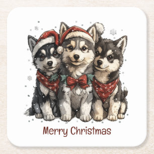 Merry Christmas Husky Dogs Vierkante Kartonnen Onderzetter