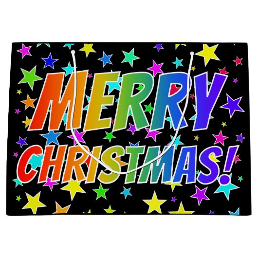 "MERRY CHRISTMAS!" in Rainbow Text + Stars Pattern Groot Cadeauzakje (Voorkant)