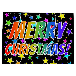 "MERRY CHRISTMAS!" in Rainbow Text + Stars Pattern Groot Cadeauzakje
