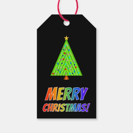 "MERRY CHRISTMAS!" in regenboogtekst, kerstboom Cadeaulabel (Voorkant)