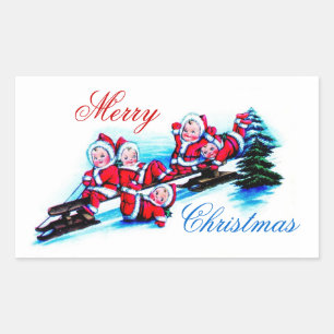 Merry Christmas Label - Elfen Sleederen in Sneeuw