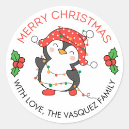 Merry Christmas Lights Penguin Stickers Labels