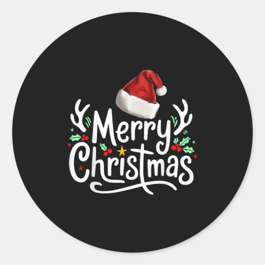 Merry Christmas Lights Red Santa Hat Xmas Family Ronde Sticker (Voorkant)