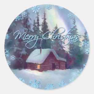 MERRY CHRISTMAS LOG CABIN by SHARON SHARPE Ronde Sticker