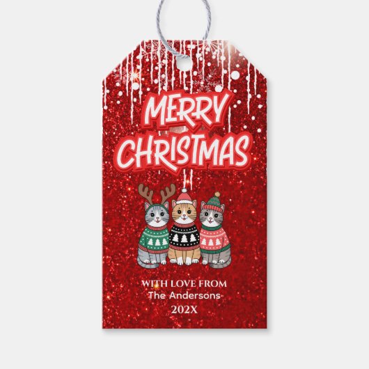 Merry Christmas Modern Red Cute Cats Cadeaulabel (Voorkant)