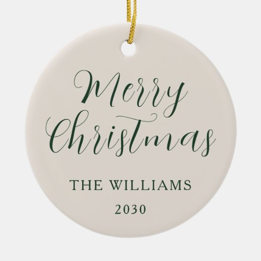 Merry Christmas Modern Script Beige Groen Keramisch Ornament (Voorkant)