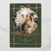 Merry Christmas Modern Script Bow Green 1 Photo Folie Feestdagenkaart (Voorkant)