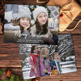 Merry Christmas modern script family photo Feestdagenkaart