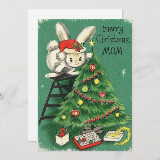 Merry Christmas Mom Bunny Decorating Tree Feestdagenkaart (Voorkant / Achterkant)