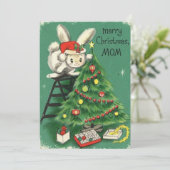 Merry Christmas Mom Bunny Decorating Tree Feestdagenkaart (Staand voorkant)